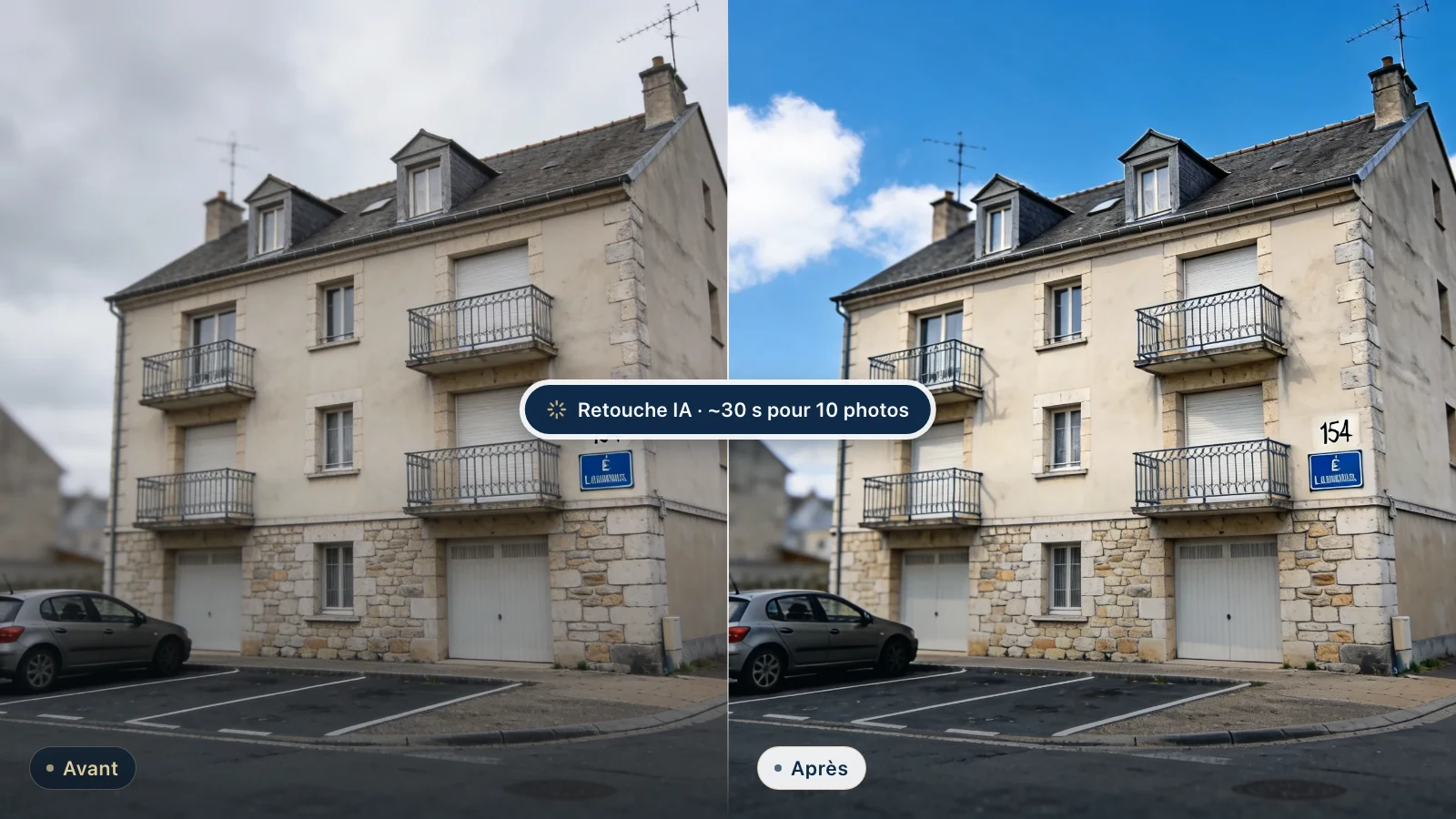 Avant / après — façade d'immeuble avec ciel gris remplacé par un ciel bleu par l'IA Scenimmo