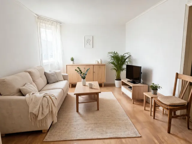 Salon meublé et décoré par home staging virtuel dans un style scandinave